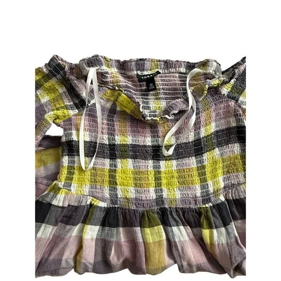 Torrid Smocked Off-Shoulder Plaid Peplum Blouse Yellow Lavender Black Sz M/L - Picture 6 of 7